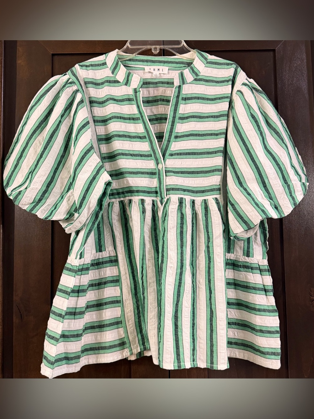 THML Puff Sleeve Striped Babydoll Top Sz L